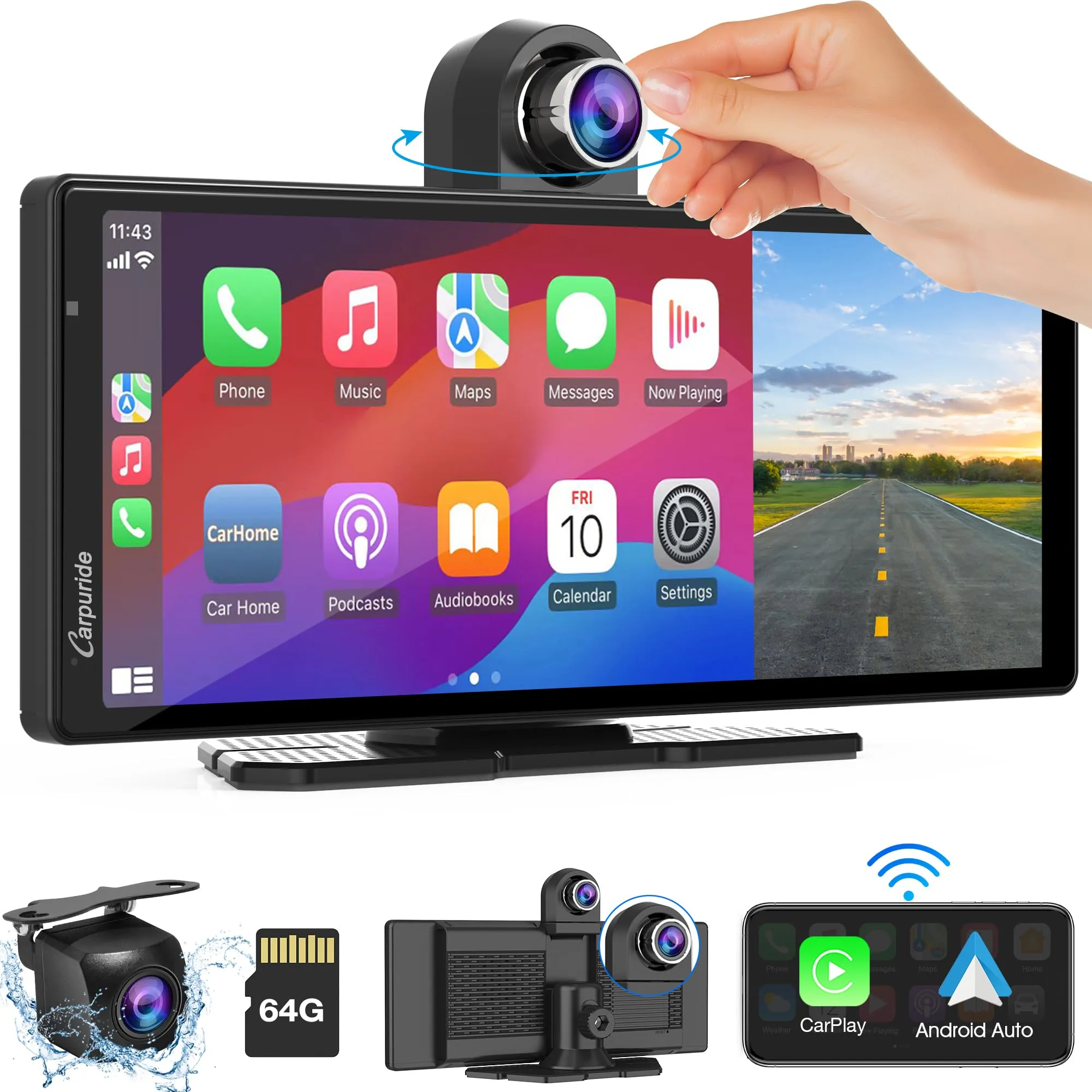 2024 CARPURIDE W903 Portable Carplay & Android Auto with Dash Cam - 9.3" HD IPS Screen, 4K Front &1080P Rear Cam, Loop Recording, Bluetooth, Mirror Link, GPS, Siri, Dashboard Mounted