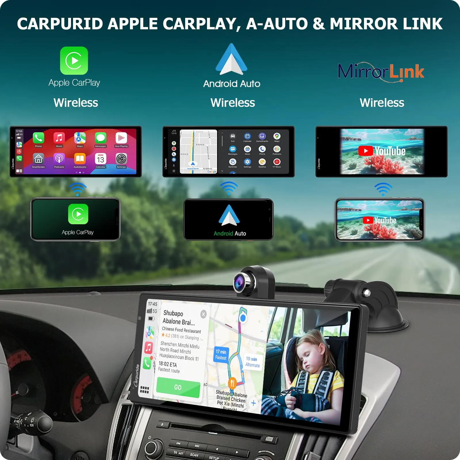 2024 CARPURIDE W903 Portable Carplay & Android Auto with Dash Cam - 9.3" HD IPS Screen, 4K Front &1080P Rear Cam, Loop Recording, Bluetooth, Mirror Link, GPS, Siri, Dashboard Mounted