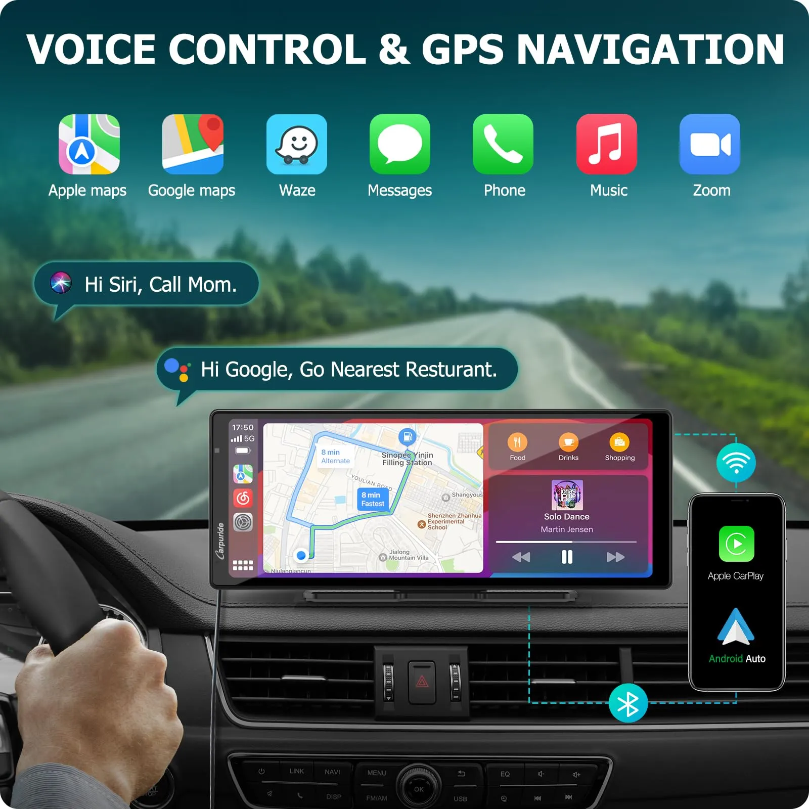 2024 CARPURIDE W903 Portable Carplay & Android Auto with Dash Cam - 9.3" HD IPS Screen, 4K Front &1080P Rear Cam, Loop Recording, Bluetooth, Mirror Link, GPS, Siri, Dashboard Mounted