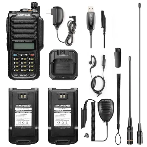 BAOFENG UV-9G GMRS Handheld Radio Waterproof IP67, Two Way Radios Long Range Dual Band NOAA Scanner GMRS Repeater Capable, Support CHIRP, with Two Batteries, 15.5" High Gain Antenna, Programming Cable