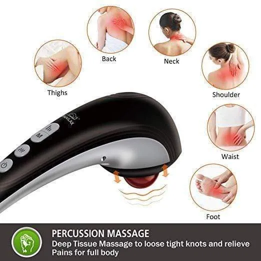 Cordless Handheld Back Massager - Rechargeable Percussion Massage with Heat - 482