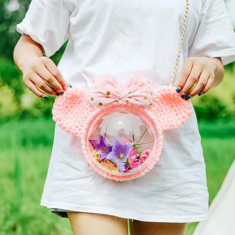 Cute Blue Crochet Mouse Pink Backpack Mouse Crochet Shoulder Bag for Girl Pink Mouse Crochet Crossbody Purse