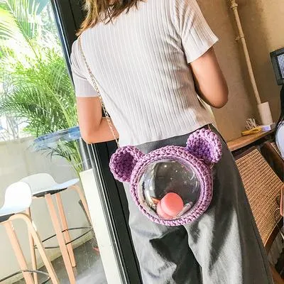 Cute Blue Crochet Mouse Pink Backpack Mouse Crochet Shoulder Bag for Girl Pink Mouse Crochet Crossbody Purse