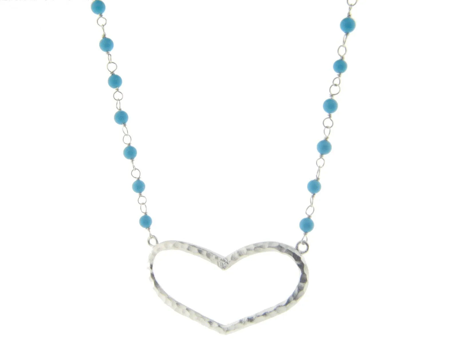 Hammered Open Heart Pendant Necklace on Turquoise Bead Chain