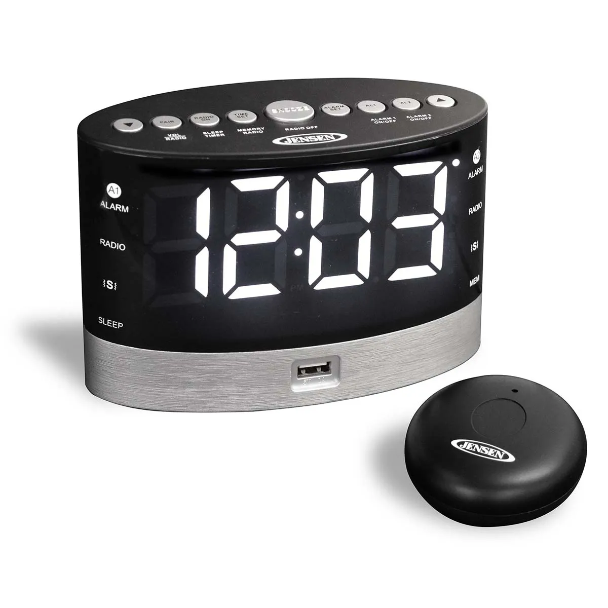 Jensen Audio AM/FM Dual Alarm Clock Radio with Wireless Under Pillow Vibrator