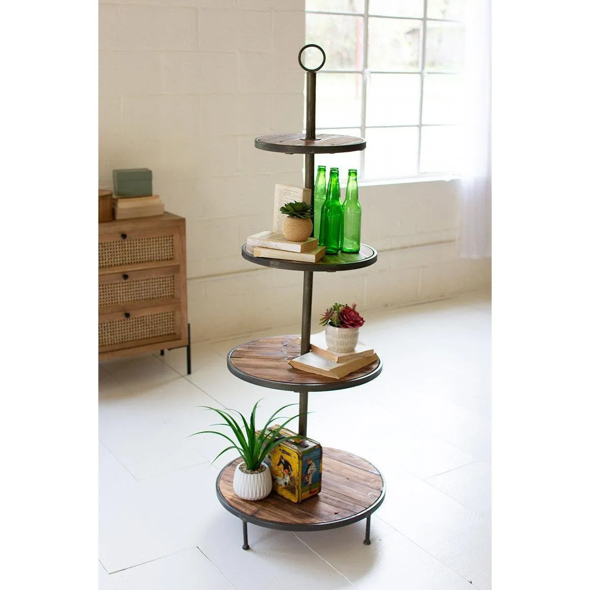 Kalalou - Four Tiered Recycled Wood And Metal Display Tower