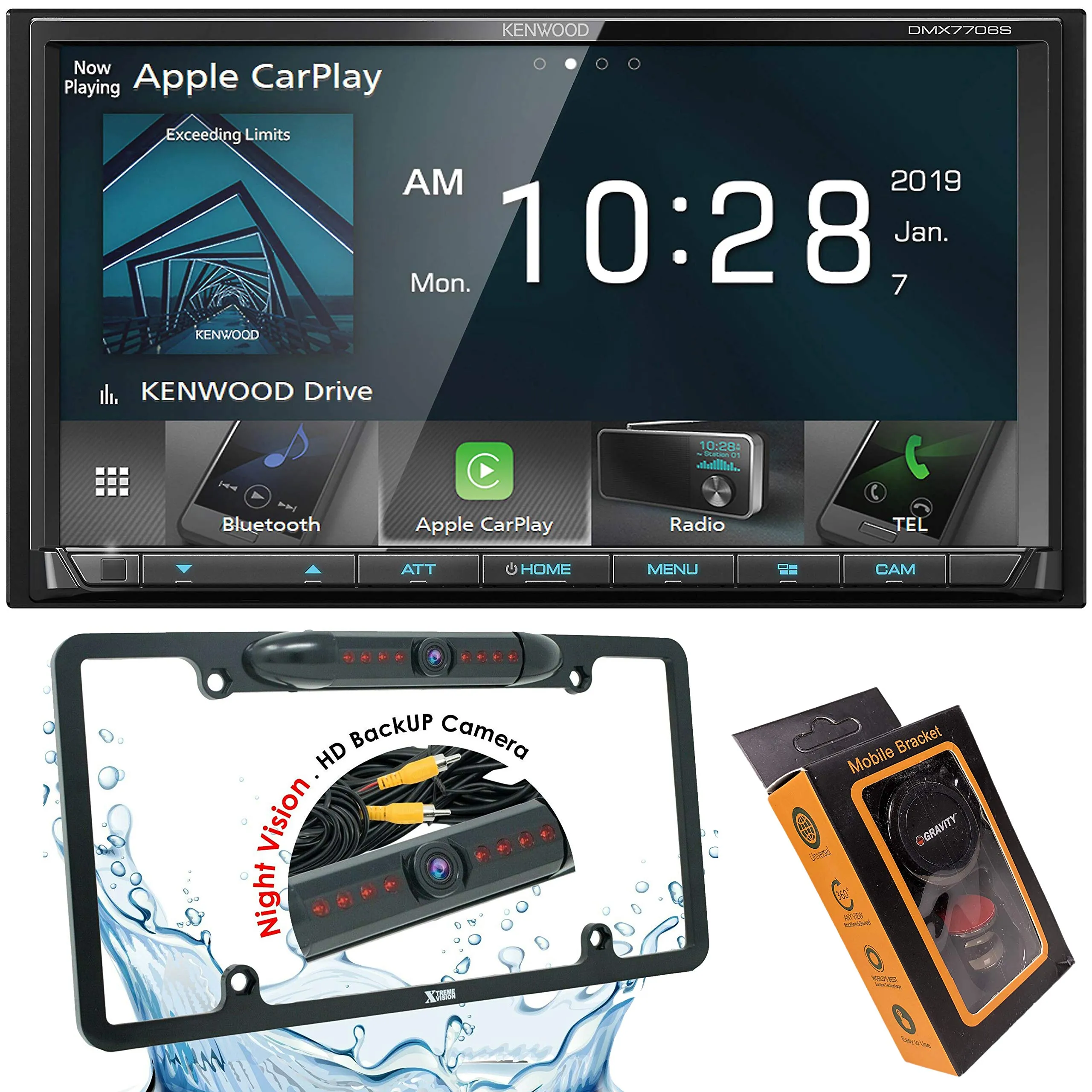 Kenwood 6.95" Wvga Digital Media Receiver, Apple CarPlay & Android Auto   License Plate Backup Camera Included (Black)   Phone Magnet Holder