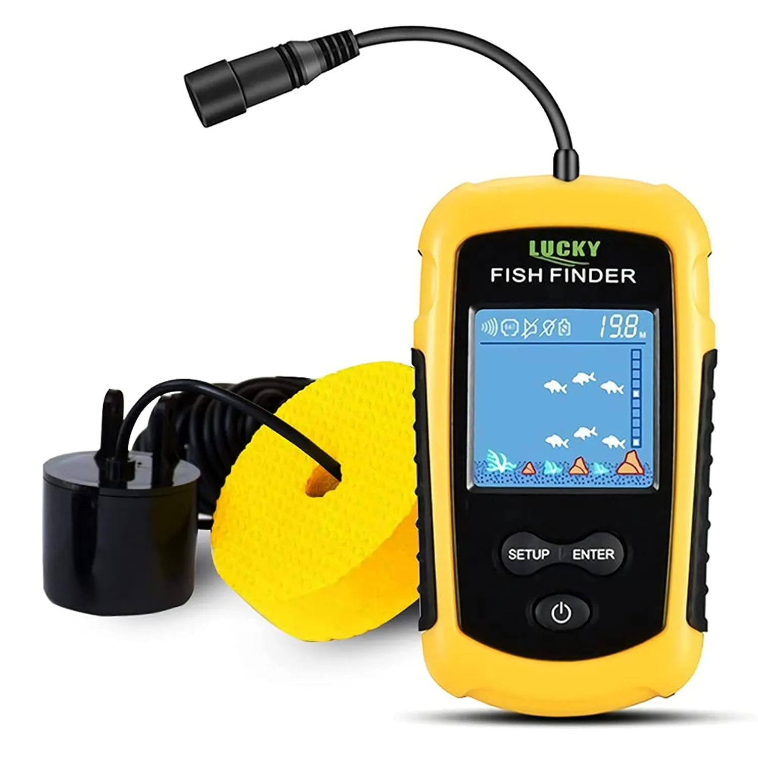 LUCKY Kayak Portable Fish Depth Finder Water Handheld Fish Finder Sonar Castable Kayak Boat Fishfinder Transducer Fishing LCD Display FFC1108