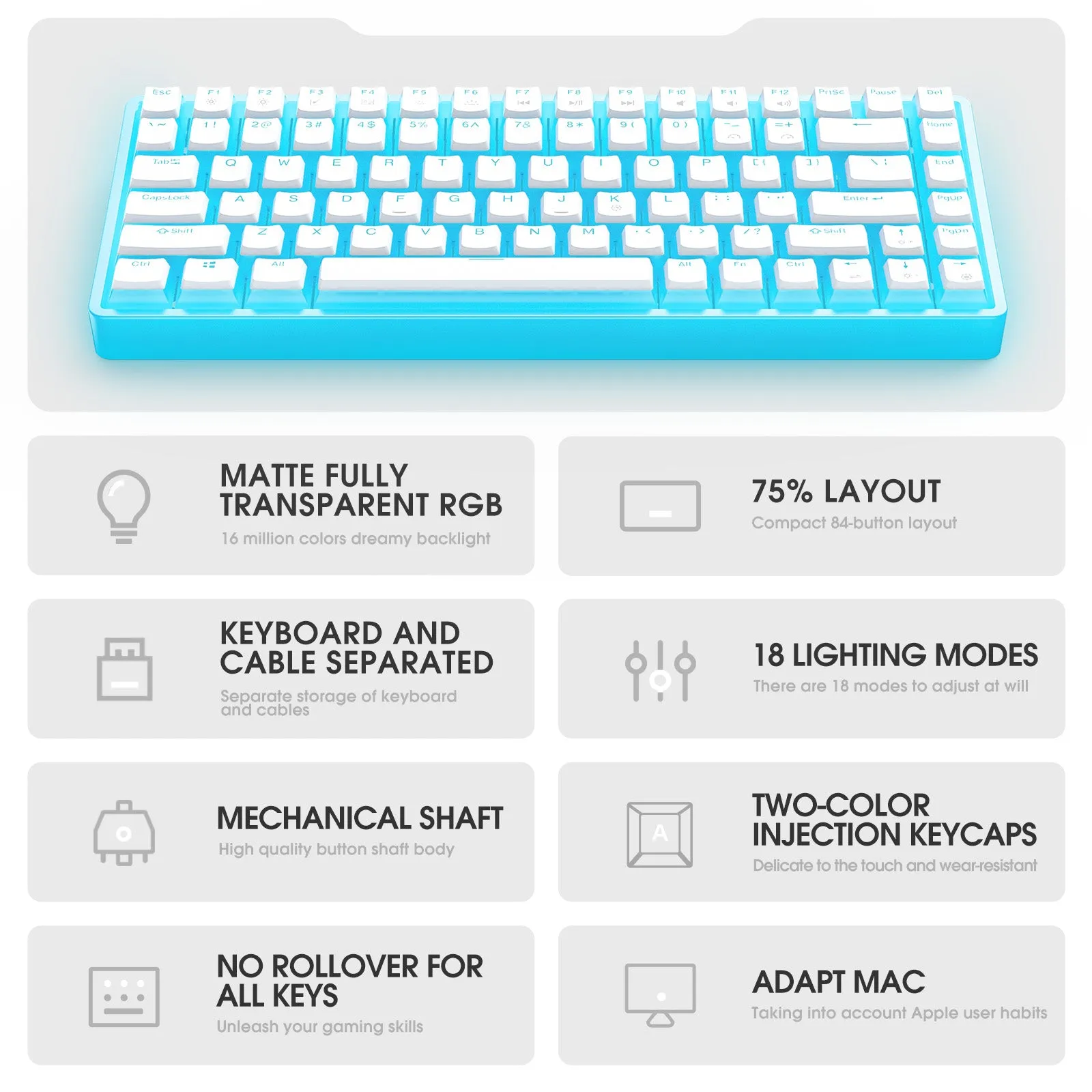 New ONIKUMA G30 Keyboard, White Wired Mechanical Keyboard, 84 Key USB Interface RGB Backlit Game Keyboard