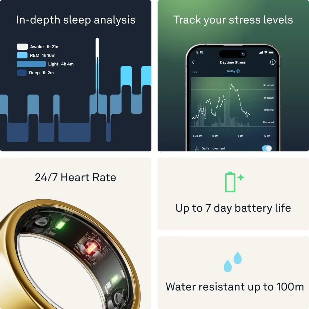 Oura Ring Gen3 Horizon - Gold - Size 8 - Smart Ring - Size First with Oura Ring Gen3 Sizing Kit - Sleep Tracking Wearable - Heart Rate - Fitness Tracker - 5-7 Days Battery Life