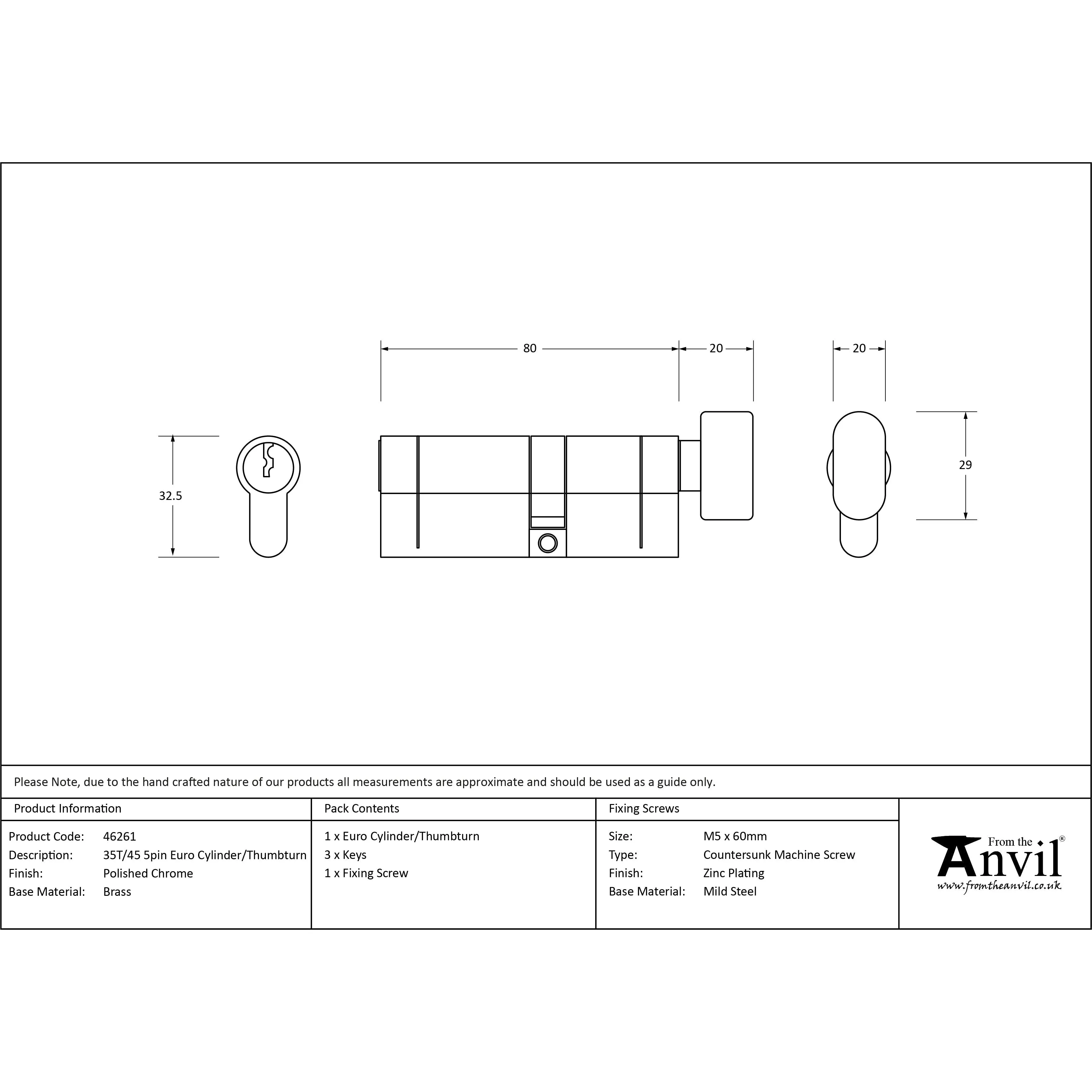 Polished Chrome 35T/45 5pin Euro Cylinder/Thumbturn | From The Anvil