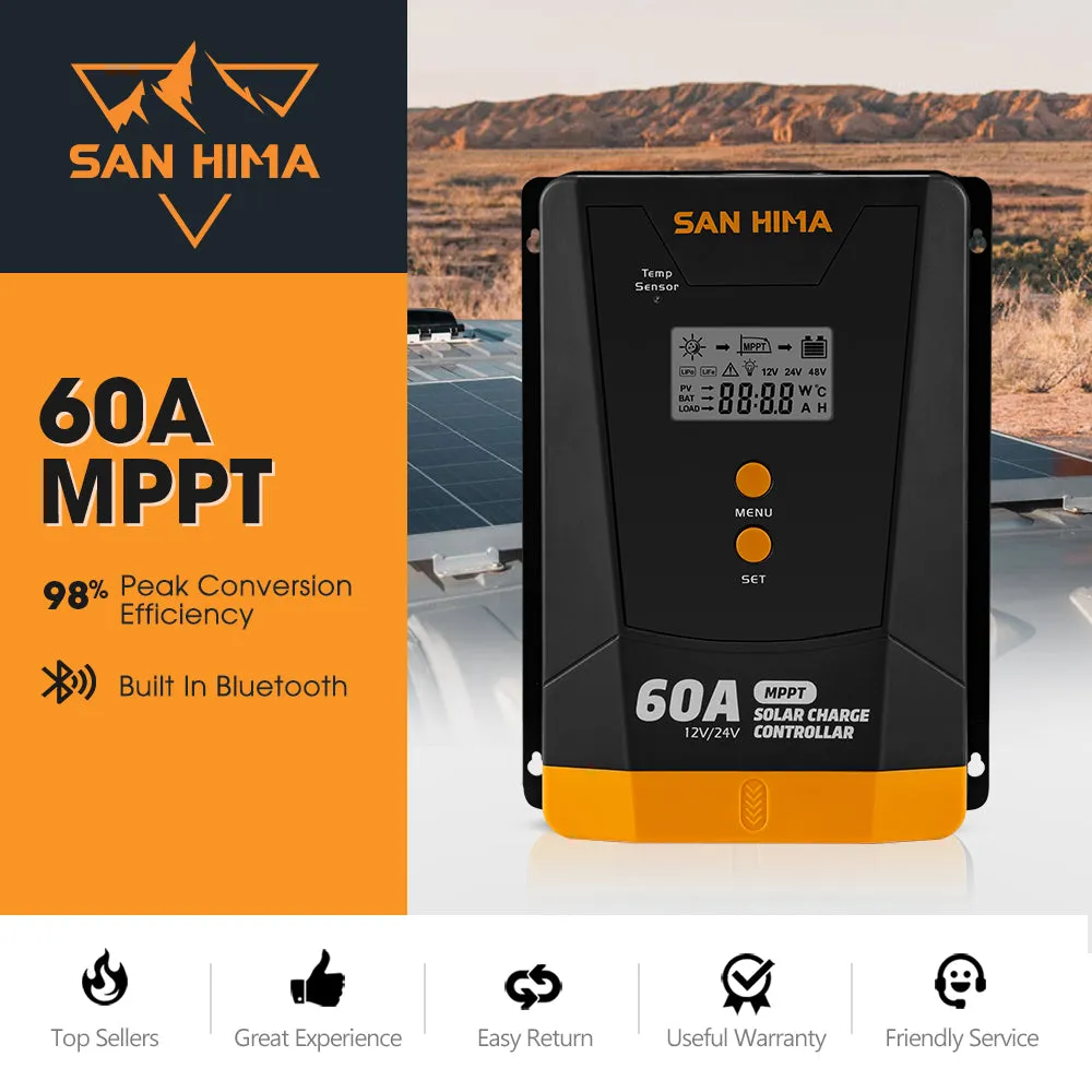 San Hima 60A MPPT Solar Charge Controller 12V 24V Inbulit Bluetooth LCD Display