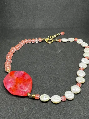 Strawberry Quartz & Coin Pearl Statement Necklace