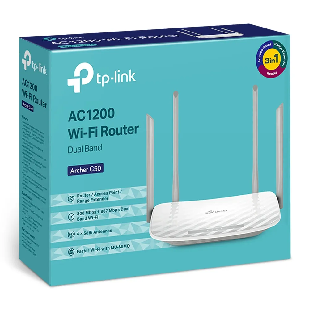 TP-LINK ARCHER C50 AC1200 DUAL BAND WIRELESS WI-FI ROUTER W/4 EXTERNAL ANTENNAS