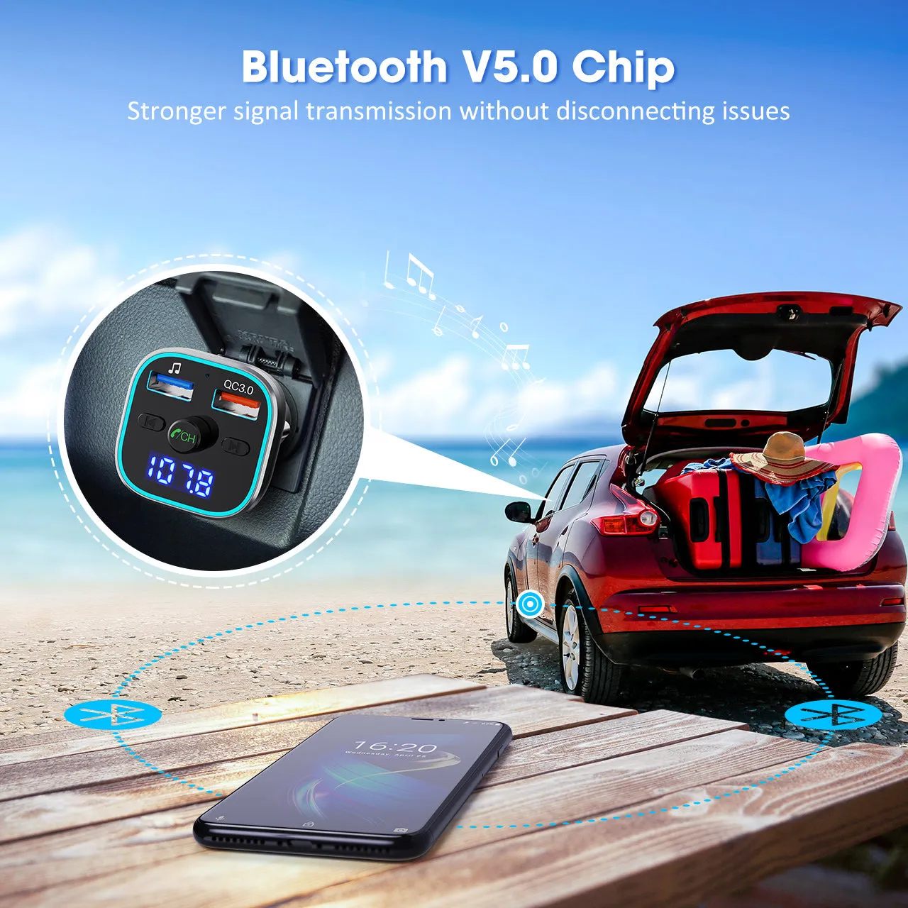 V5.0 Bluetooth FM Transmitter for Car, Hi-Fi Wireless Radio Adapter with RGB Light, QC3.0 Quick Charge