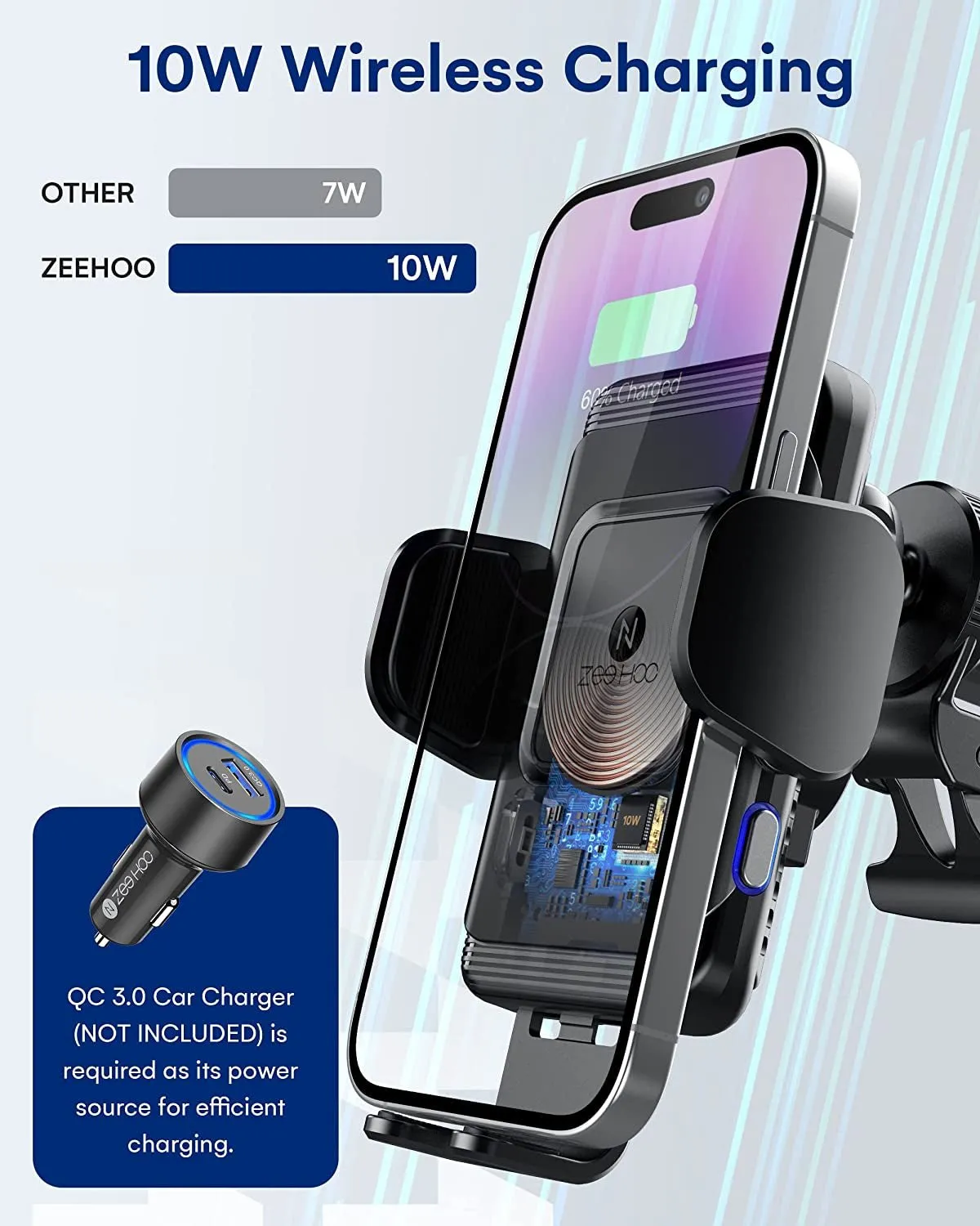 Zeehoo Wireless Car Charger,Qi Fast Charging Auto-Clamping Car Mount,Windshield Dash Air Vent Phone Holder for Iphone 14 13 12 Mini 11 Pro Max XS XR 8,Samsung S22 S21 S20 Note 20 10 9 8 Z Flip 3,Etc